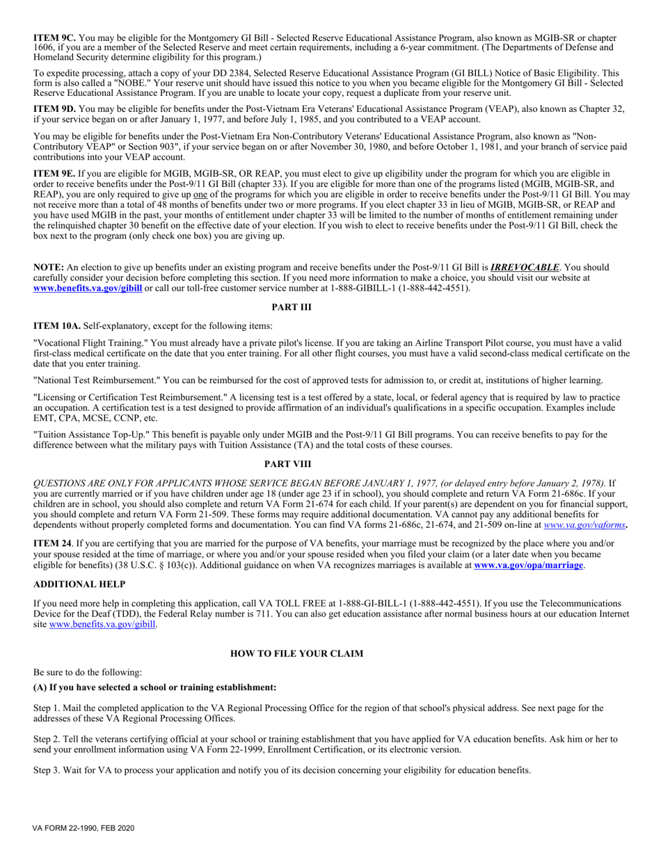 VA Form 22-1990 Application for VA Education Benefits, Page 2