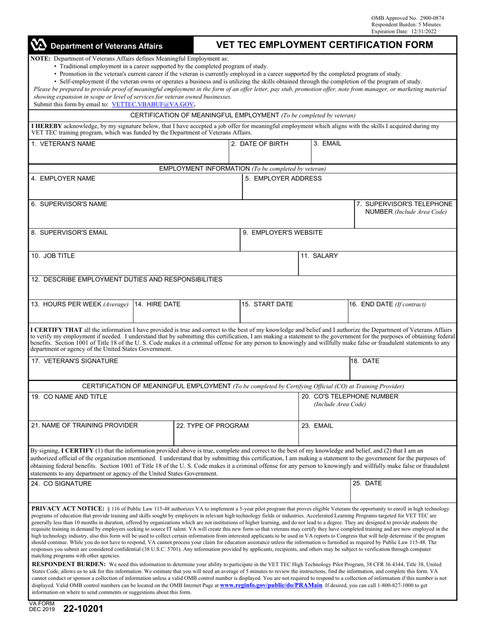 VA Form 22-10201 Vet Tec Employment Certification Form, Page 1