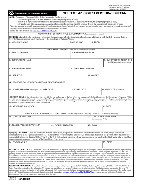 VA Form 22-10201 Vet Tec Employment Certification Form