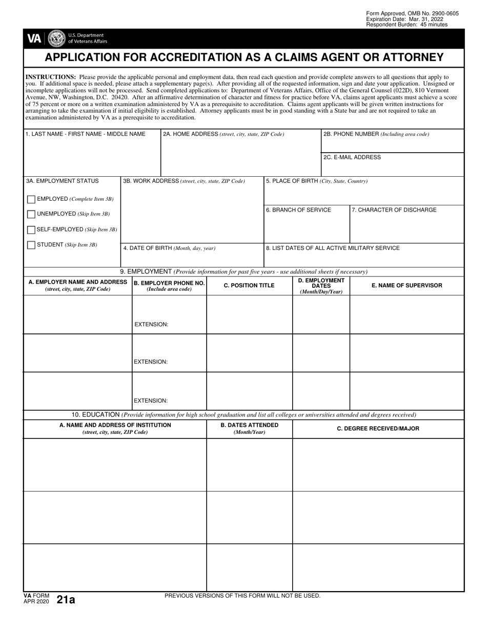 VA Form 21A Application for Accreditation as a Claims Agent or Attorney, Page 1