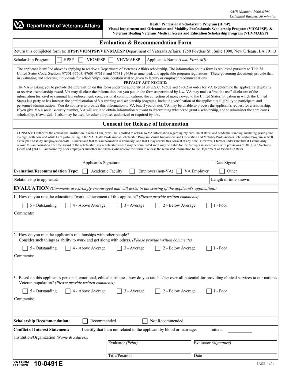 VA Form 10-0491E Evaluation  Recommendation Form - Health Professional Scholarship Program (Hpsp)  Visual Impairment and Orientation and Mobility Professionals Scholarship Program (Viompsp), Page 1