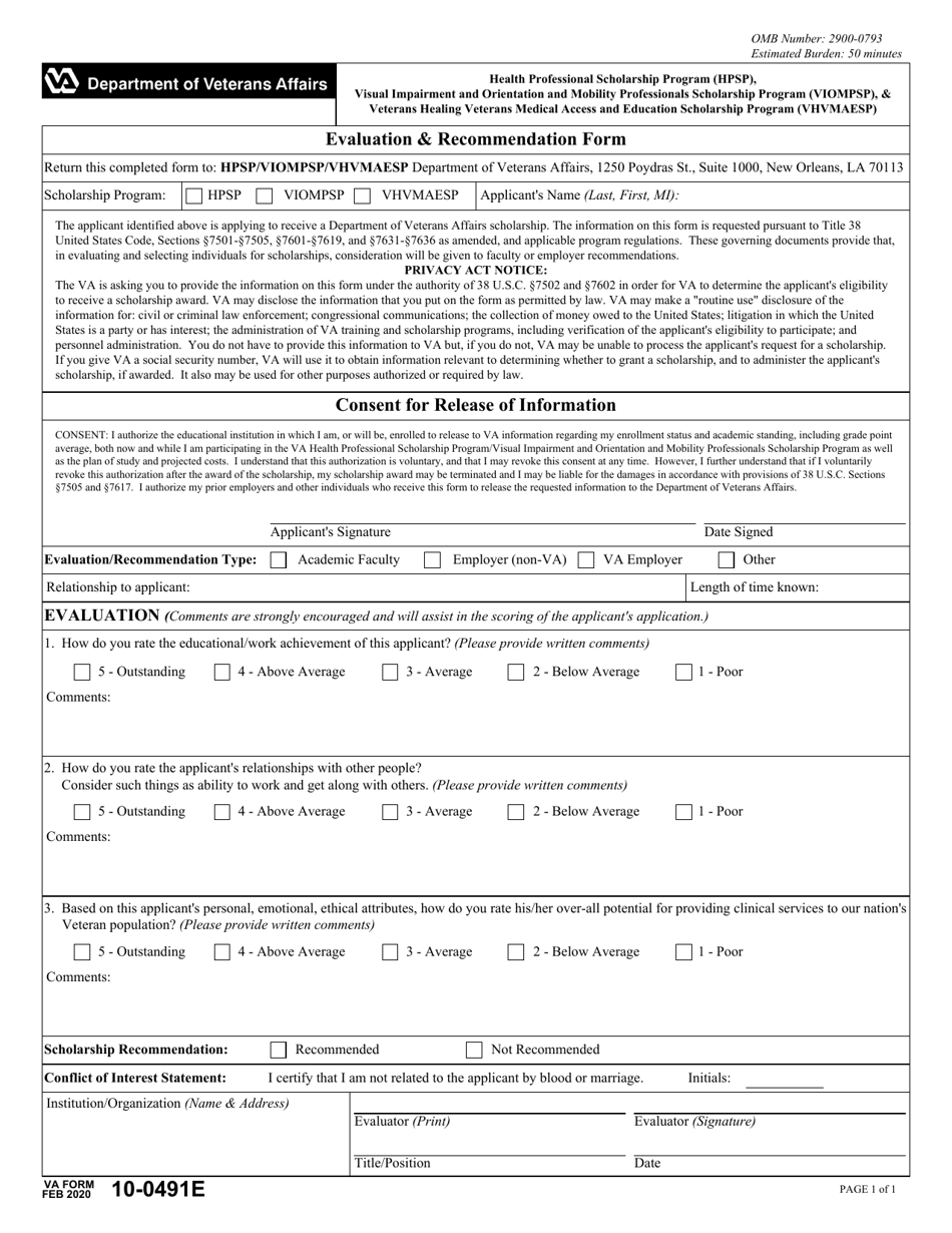 VA Form 10-0491E Download Fillable PDF or Fill Online Evaluation ...