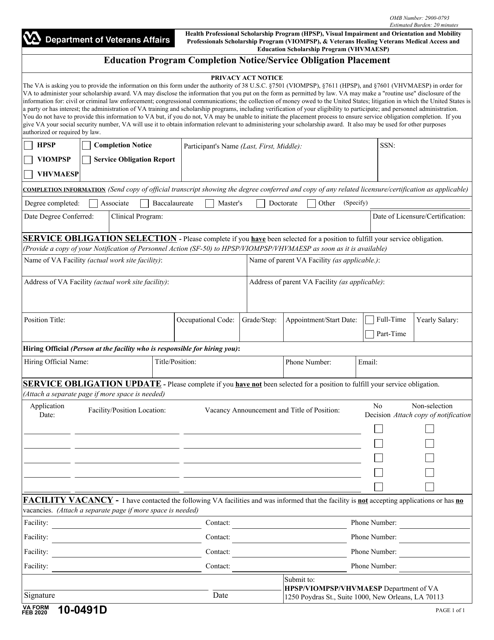 VA Form 10-0491D Education Program Completion Notice/Service Obligation Placement
