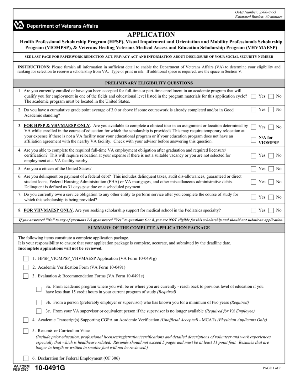 VA Form 10-0491G Application for Health Professional Scholarship Program (Hpsp), Visual Impairment and Orientation and Mobility Professionals Scholarship Program (Viompsp), veterans Healing Veterans Medical Access and Education Scholarship Program (Vhvmaesp), Page 1