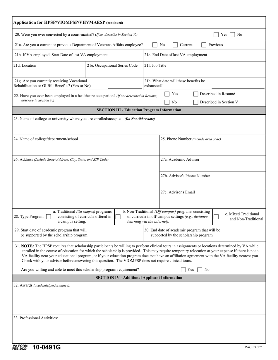 VA Form 10-0491G Application for Health Professional Scholarship Program (Hpsp), Visual Impairment and Orientation and Mobility Professionals Scholarship Program (Viompsp), veterans Healing Veterans Medical Access and Education Scholarship Program (Vhvmaesp), Page 3