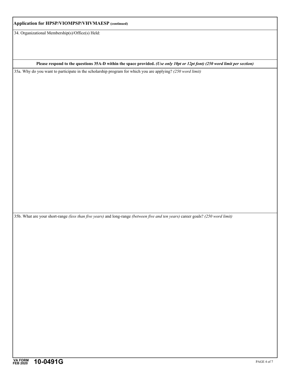 VA Form 10-0491G Application for Health Professional Scholarship Program (Hpsp), Visual Impairment and Orientation and Mobility Professionals Scholarship Program (Viompsp), veterans Healing Veterans Medical Access and Education Scholarship Program (Vhvmaesp), Page 4
