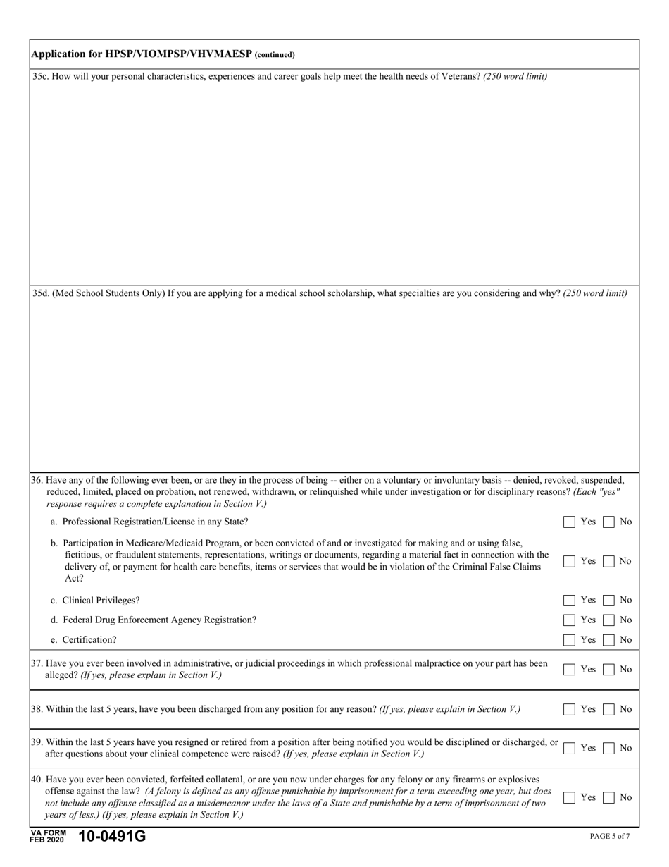 VA Form 10-0491G Application for Health Professional Scholarship Program (Hpsp), Visual Impairment and Orientation and Mobility Professionals Scholarship Program (Viompsp), veterans Healing Veterans Medical Access and Education Scholarship Program (Vhvmaesp), Page 5