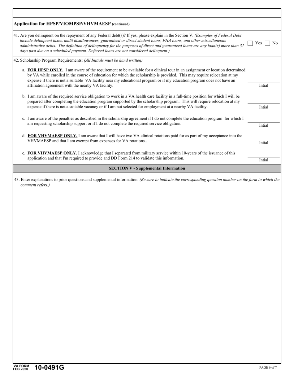 VA Form 10-0491G Application for Health Professional Scholarship Program (Hpsp), Visual Impairment and Orientation and Mobility Professionals Scholarship Program (Viompsp), veterans Healing Veterans Medical Access and Education Scholarship Program (Vhvmaesp), Page 6