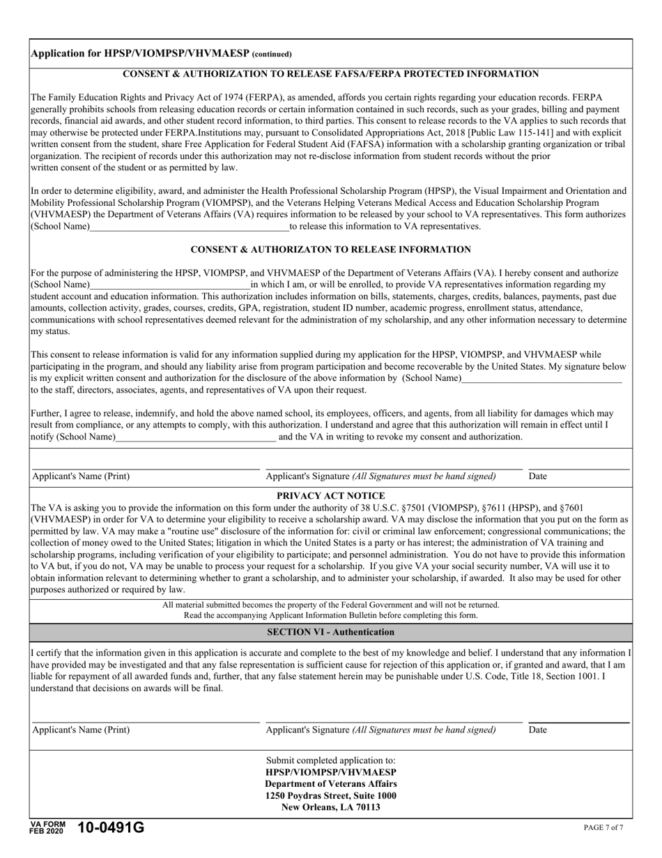 VA Form 10-0491G Application for Health Professional Scholarship Program (Hpsp), Visual Impairment and Orientation and Mobility Professionals Scholarship Program (Viompsp), veterans Healing Veterans Medical Access and Education Scholarship Program (Vhvmaesp), Page 7