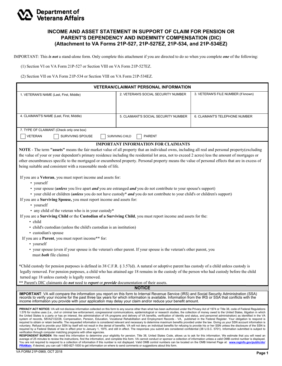 VA Form 21P-0969 Income and Asset Statement in Support of Claim for Pension or Parents Dependency and Indemnity Compensation (DIC) (Attachment to VA Forms 21p-527, 21p-527ez, 21p-534, and 21p-534ez), Page 1