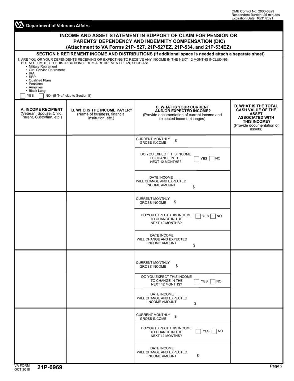 VA Form 21P-0969 Income and Asset Statement in Support of Claim for Pension or Parents Dependency and Indemnity Compensation (DIC) (Attachment to VA Forms 21p-527, 21p-527ez, 21p-534, and 21p-534ez), Page 2