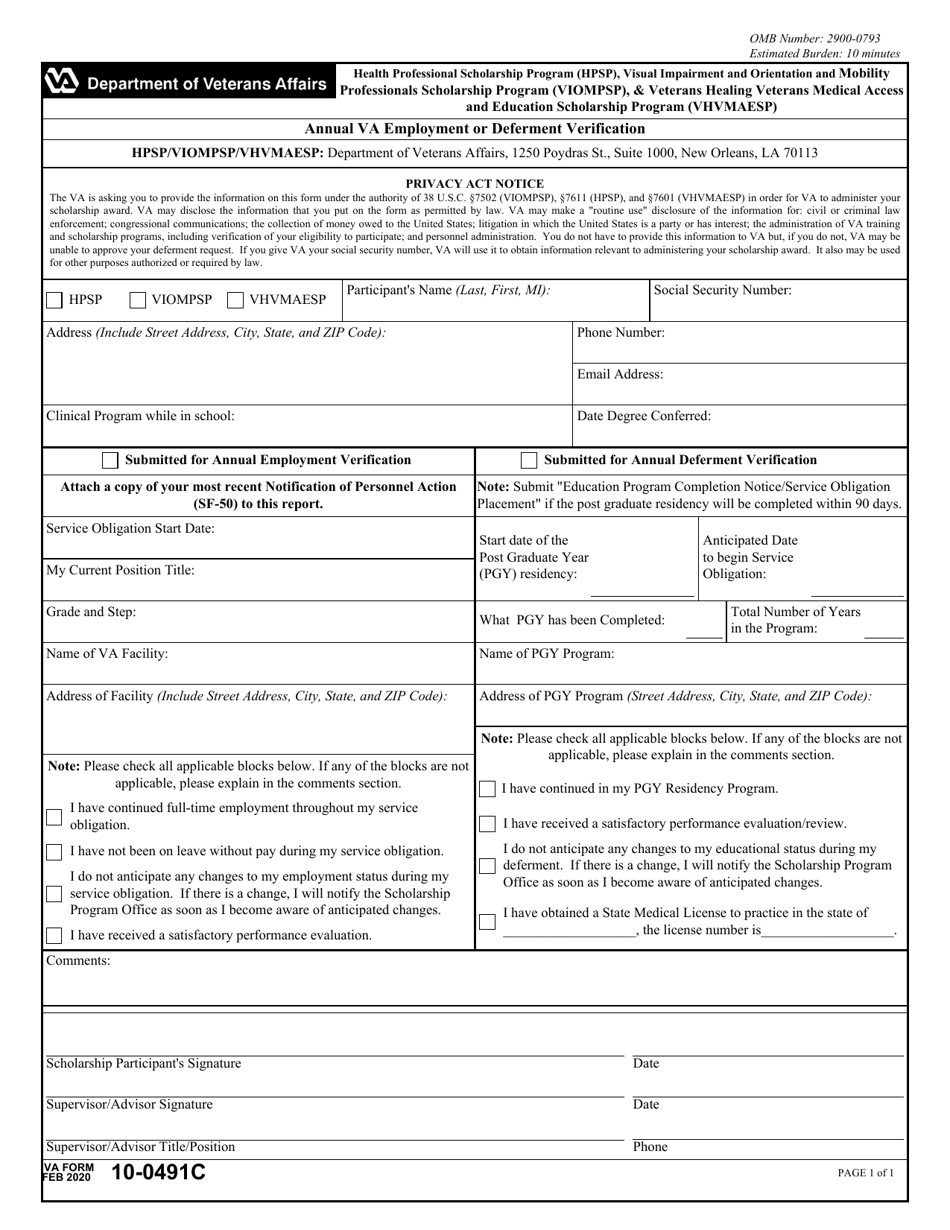 VA Form 10-0491C Annual VA Employment or Deferment Verification, Page 1