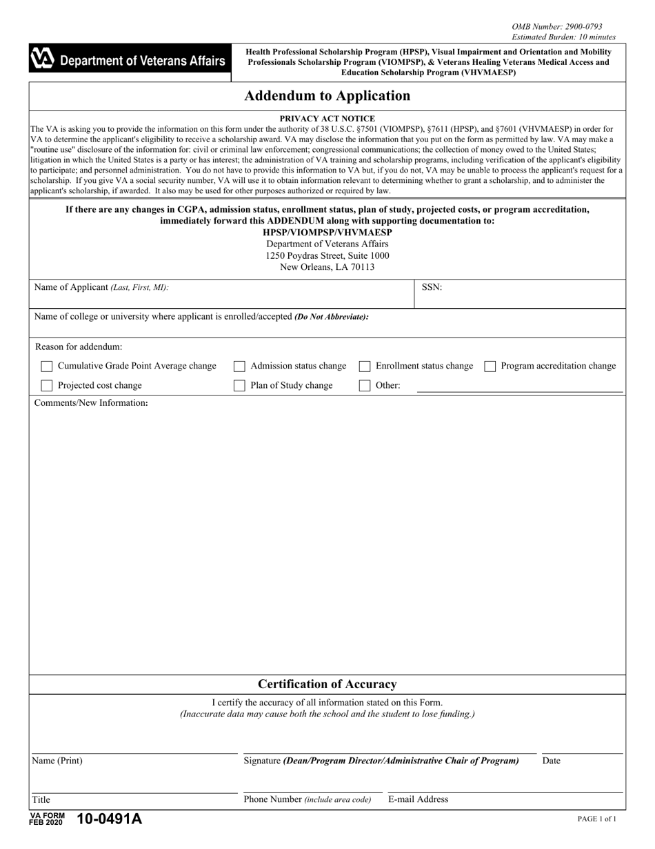 VA Form 10-0491A Addendum to Application, Page 1