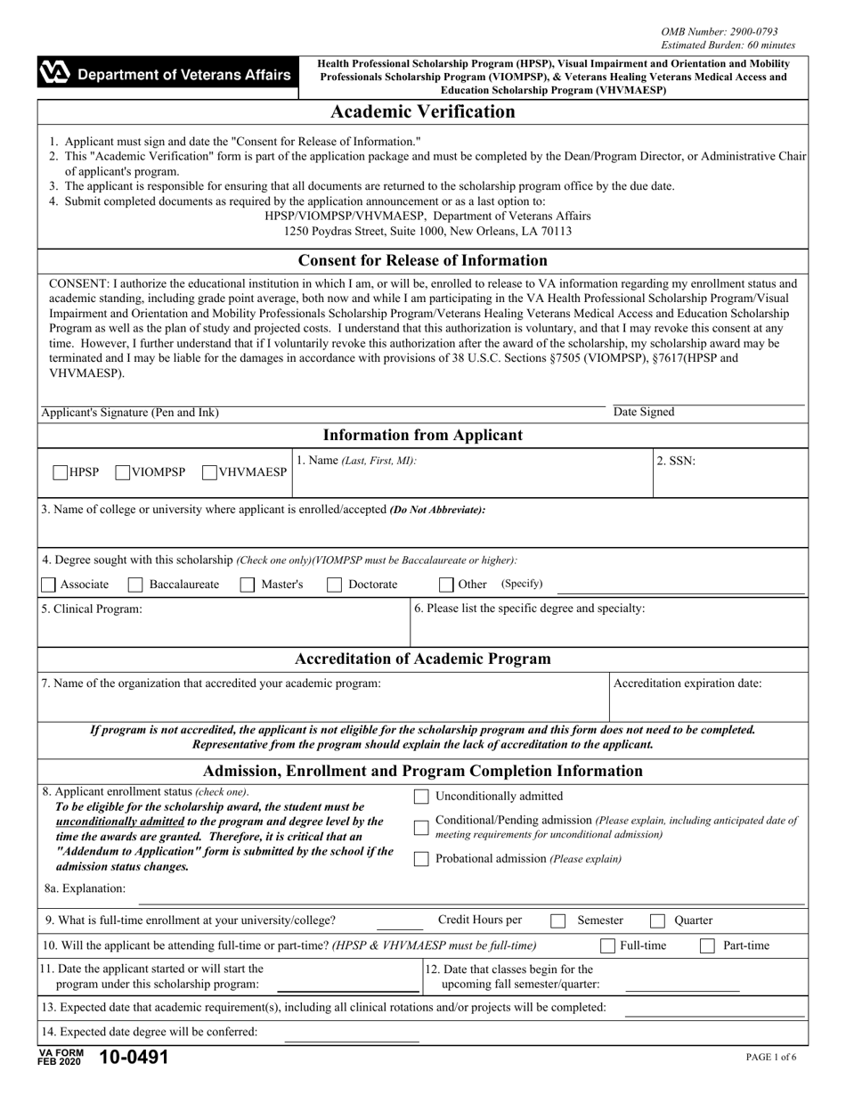 VA Form 10-0491 Academic Verification, Page 1