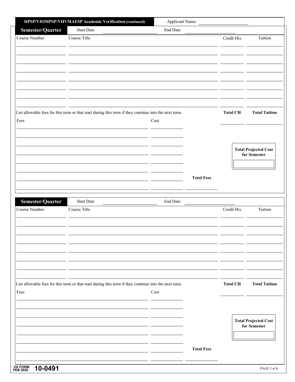 VA Form 10-0491 Academic Verification, Page 3