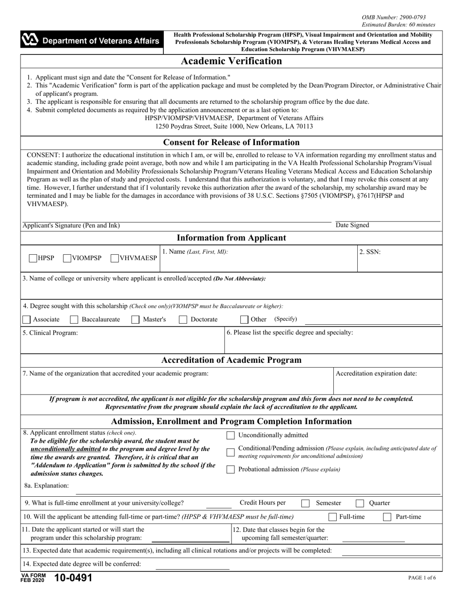 VA Form 100491 Download Fillable PDF or Fill Online Academic