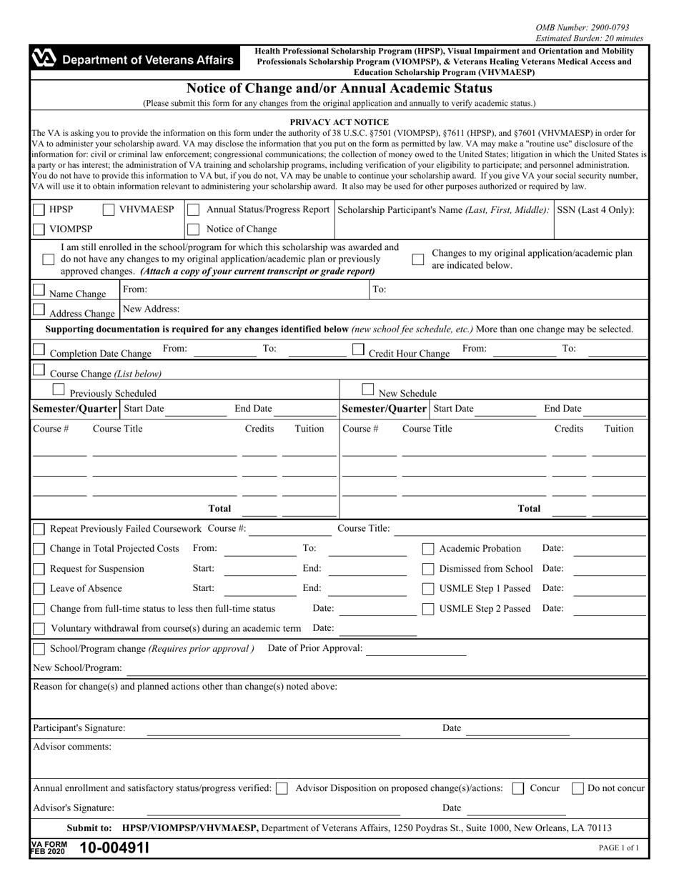 VA Form 10-00491I Notice of Change and / or Annual Academic Status, Page 1