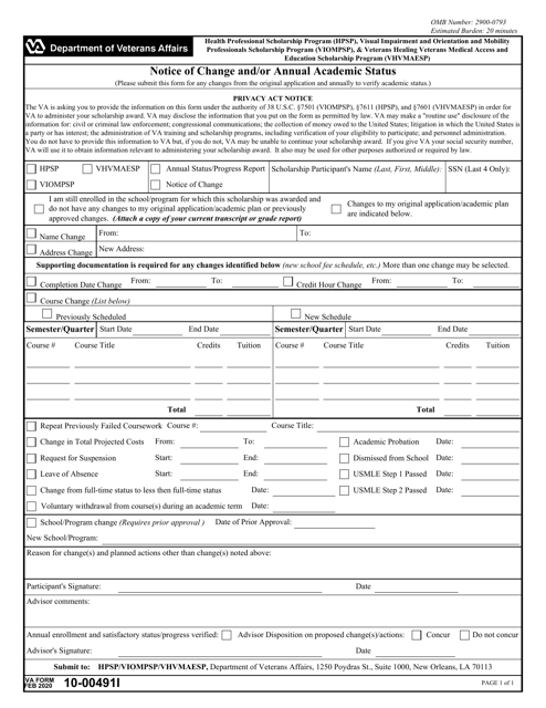 VA Form 10-00491I Notice of Change and/or Annual Academic Status