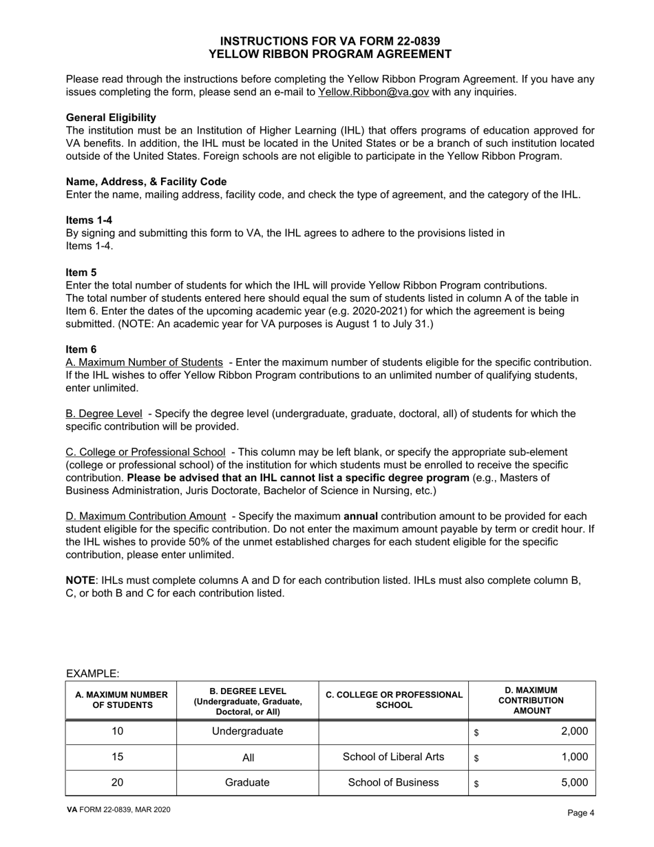VA Form 22-0839 Yellow Ribbon Program Agreement (Under Chapter 33 of Title 38, United States Code), Page 4