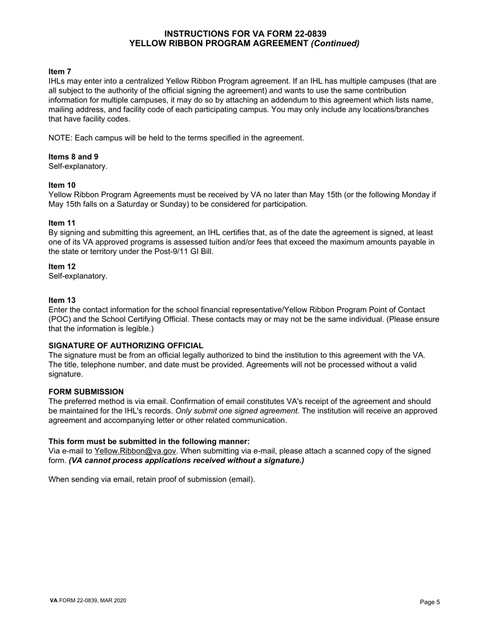VA Form 22-0839 Yellow Ribbon Program Agreement (Under Chapter 33 of Title 38, United States Code), Page 5