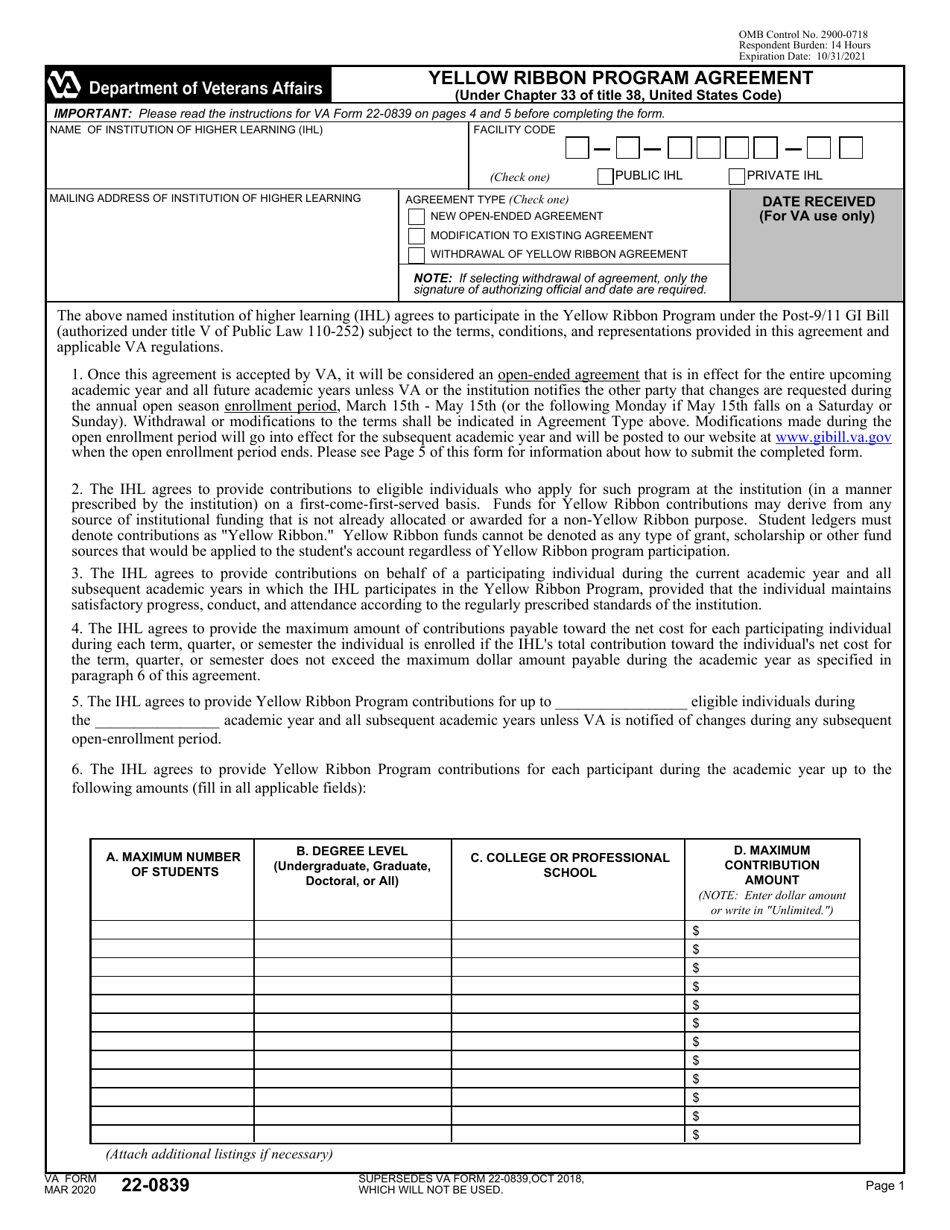 VA Form 220839 Download Fillable PDF or Fill Online Yellow Ribbon