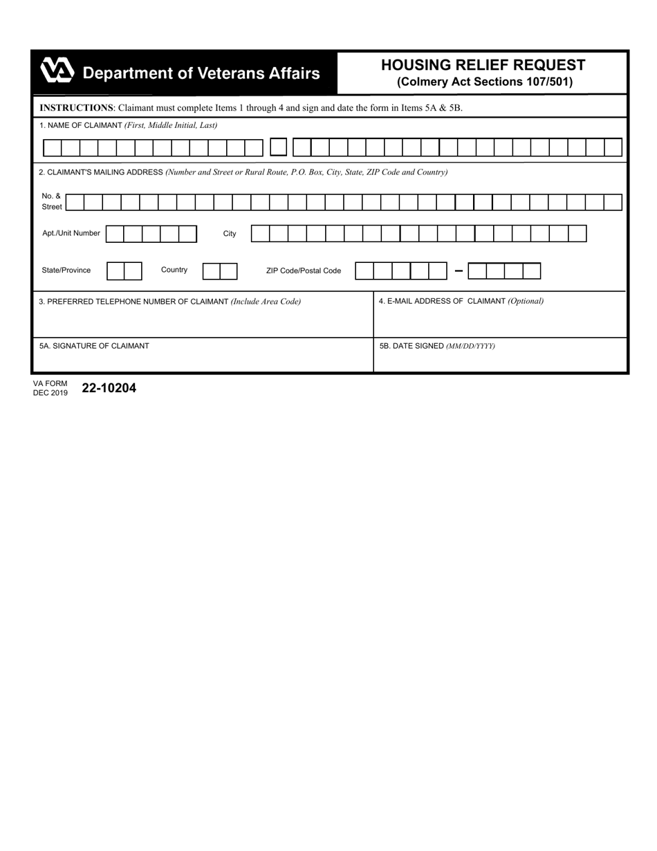 VA Form 22-10204 Housing Relief Request (Colmery Act Sections 107 / 501), Page 1
