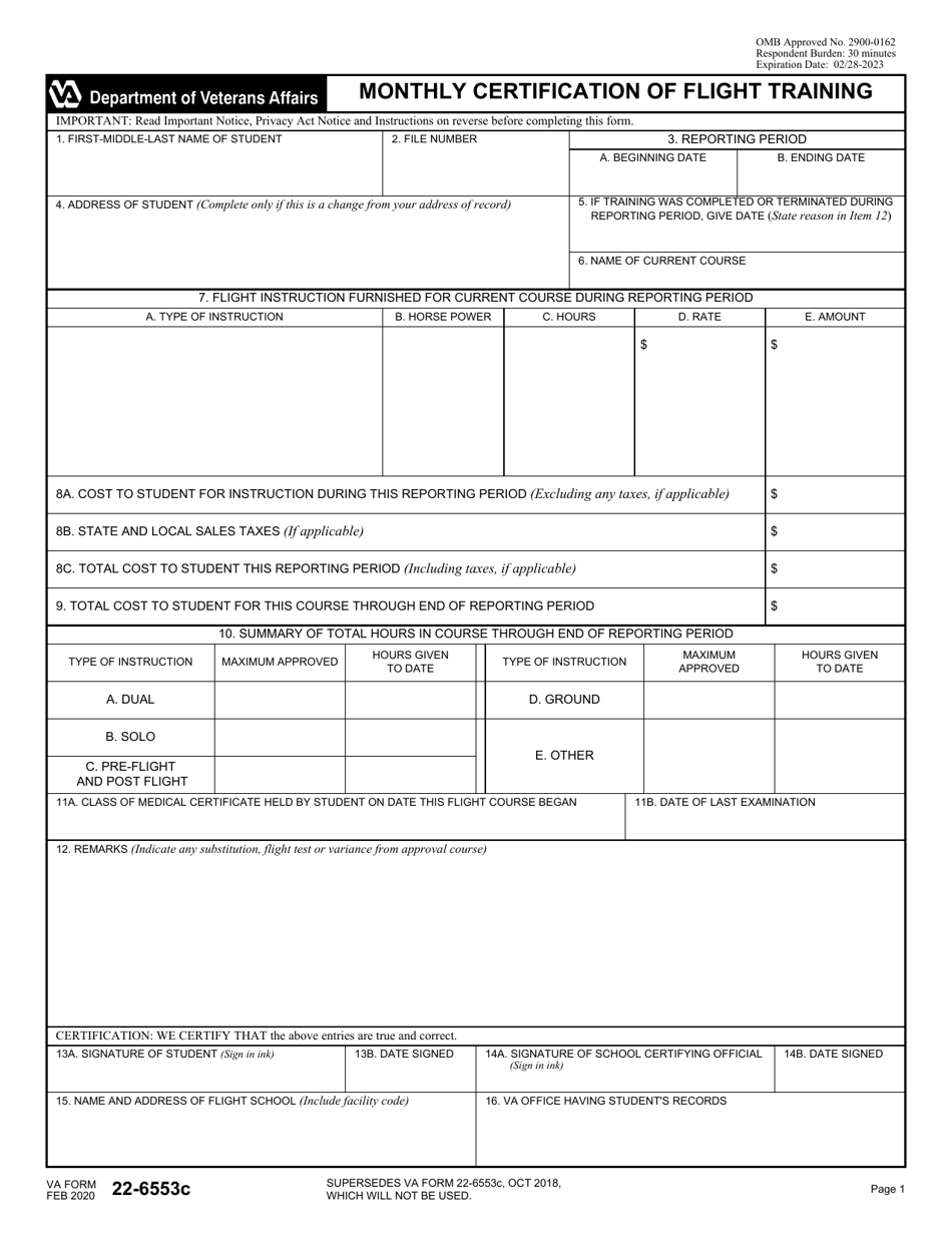 VA Form 22-6553C Monthly Certification of Flight Training, Page 1