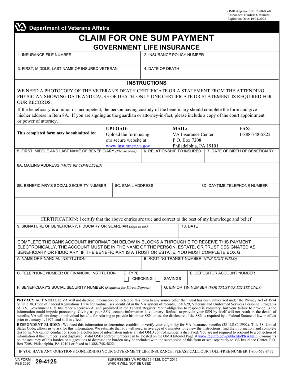 VA Form 29-4125 Claim for One Sum Payment - Government Life Insurance, Page 1