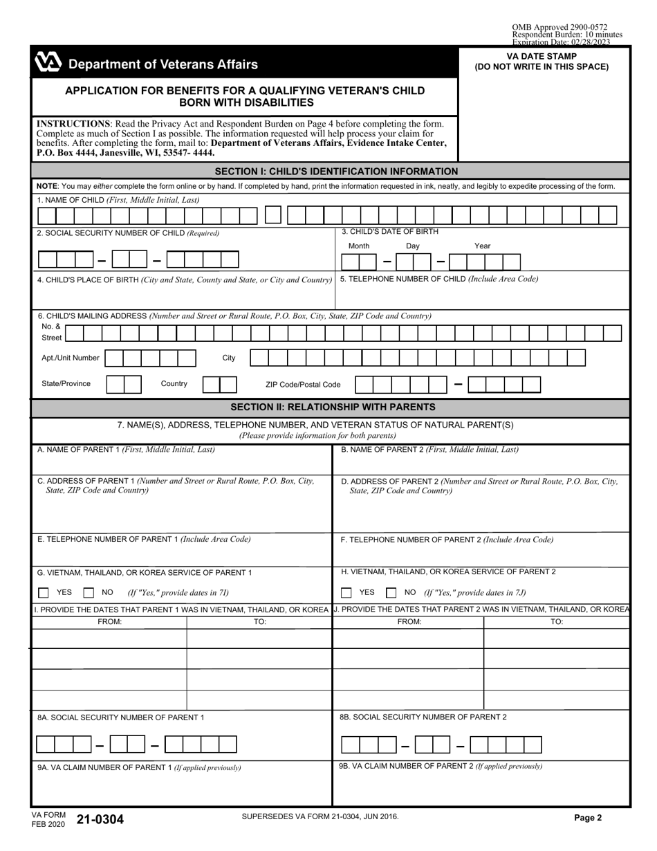 VA Form 21-0304 Application for Benefits for a Qualifying Veterans Child Born With Disabilities, Page 2