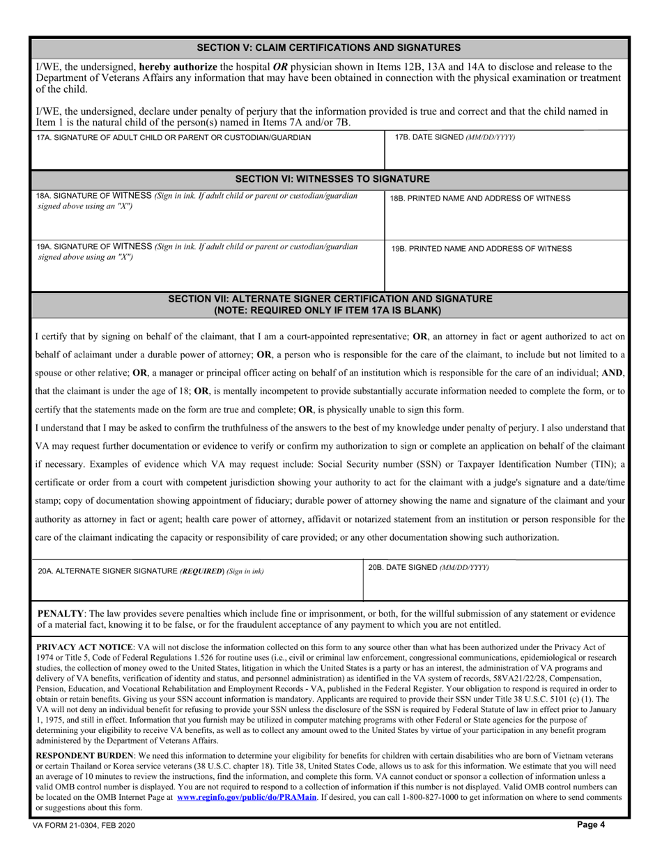 VA Form 21-0304 Application for Benefits for a Qualifying Veterans Child Born With Disabilities, Page 4