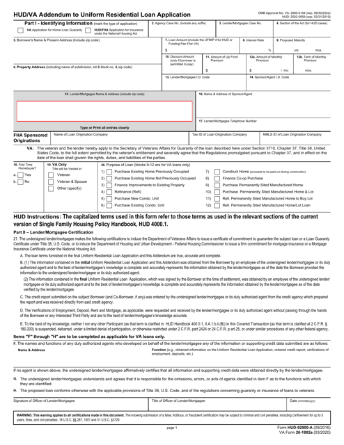 Form HUD-92900-A (VA Form 26-1802A) Hud/VA Addendum to Uniform Residential Loan Application