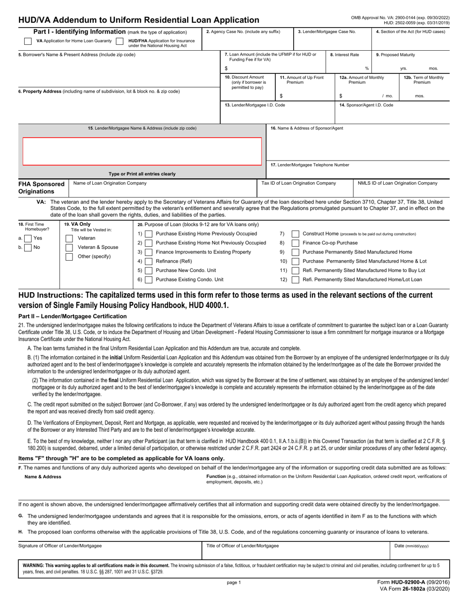 Form HUD92900A (VA Form 261802A) Download Fillable PDF or Fill