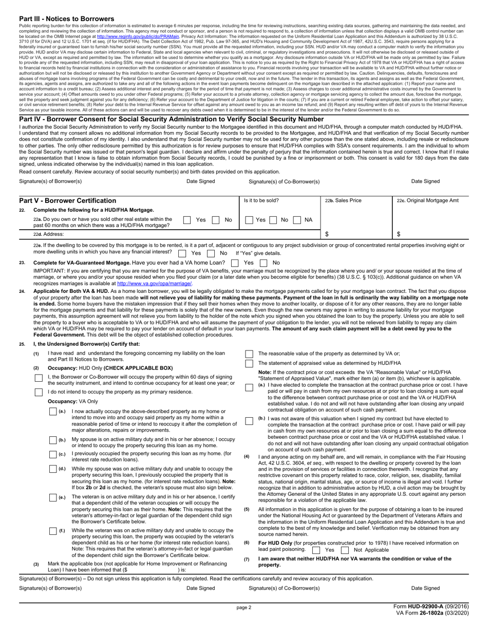 Form HUD-92900-A (VA Form 26-1802A) Download Fillable PDF or Fill ...