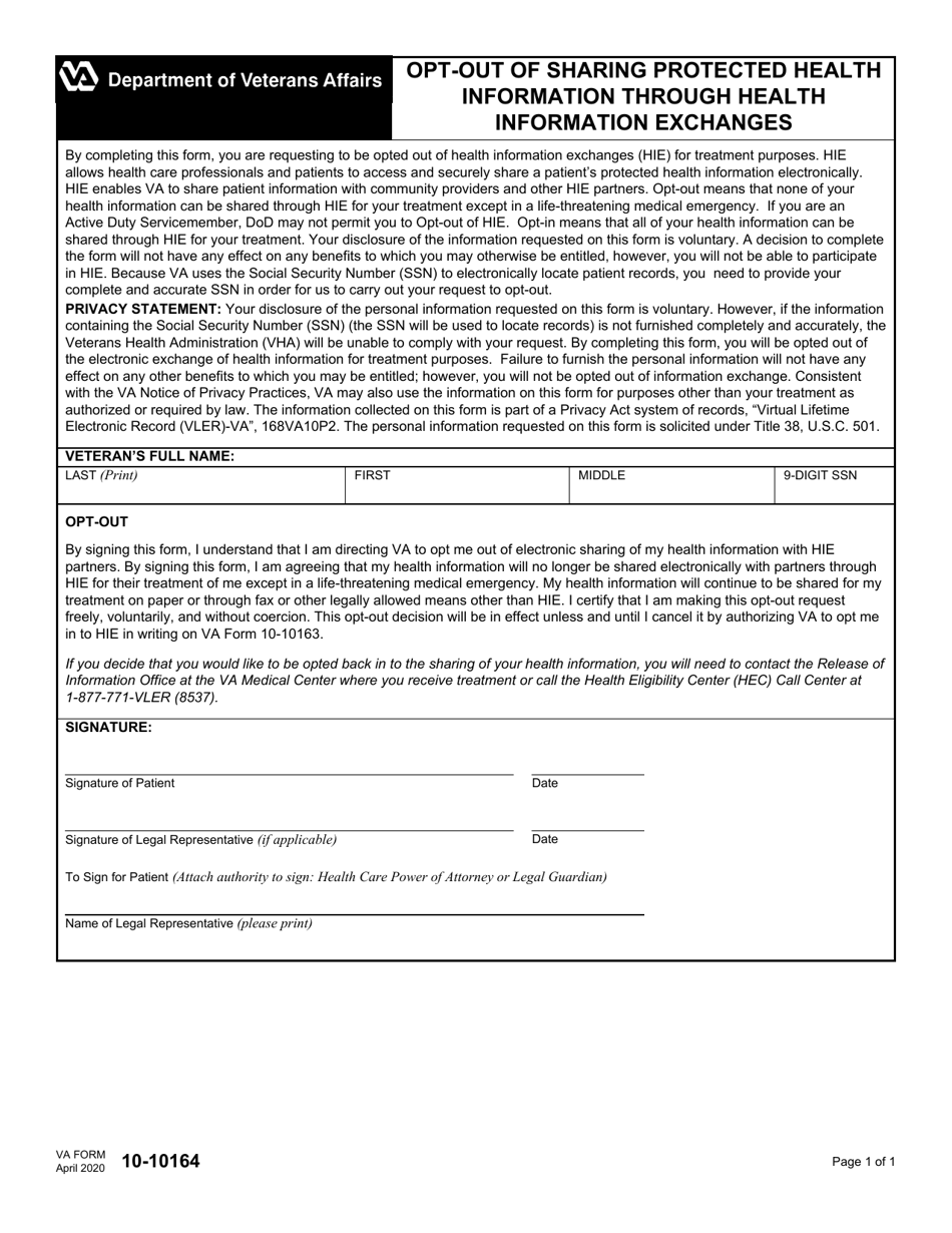 VA Form 10-10164 Opt-Out of Sharing Protected Health Information Through Health Information Exchanges, Page 1