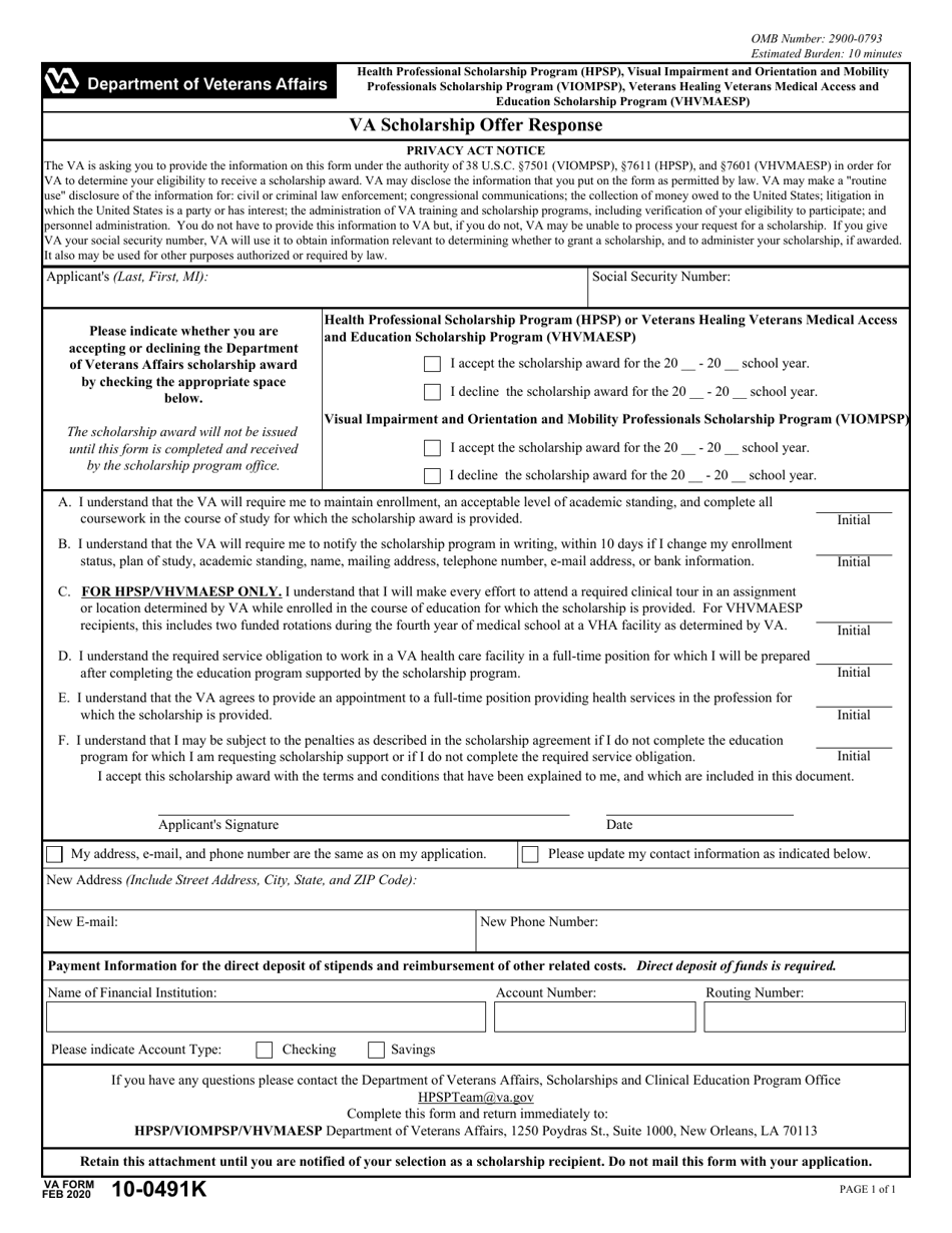 VA Form 10-491K VA Scholarship Offer Response, Page 1