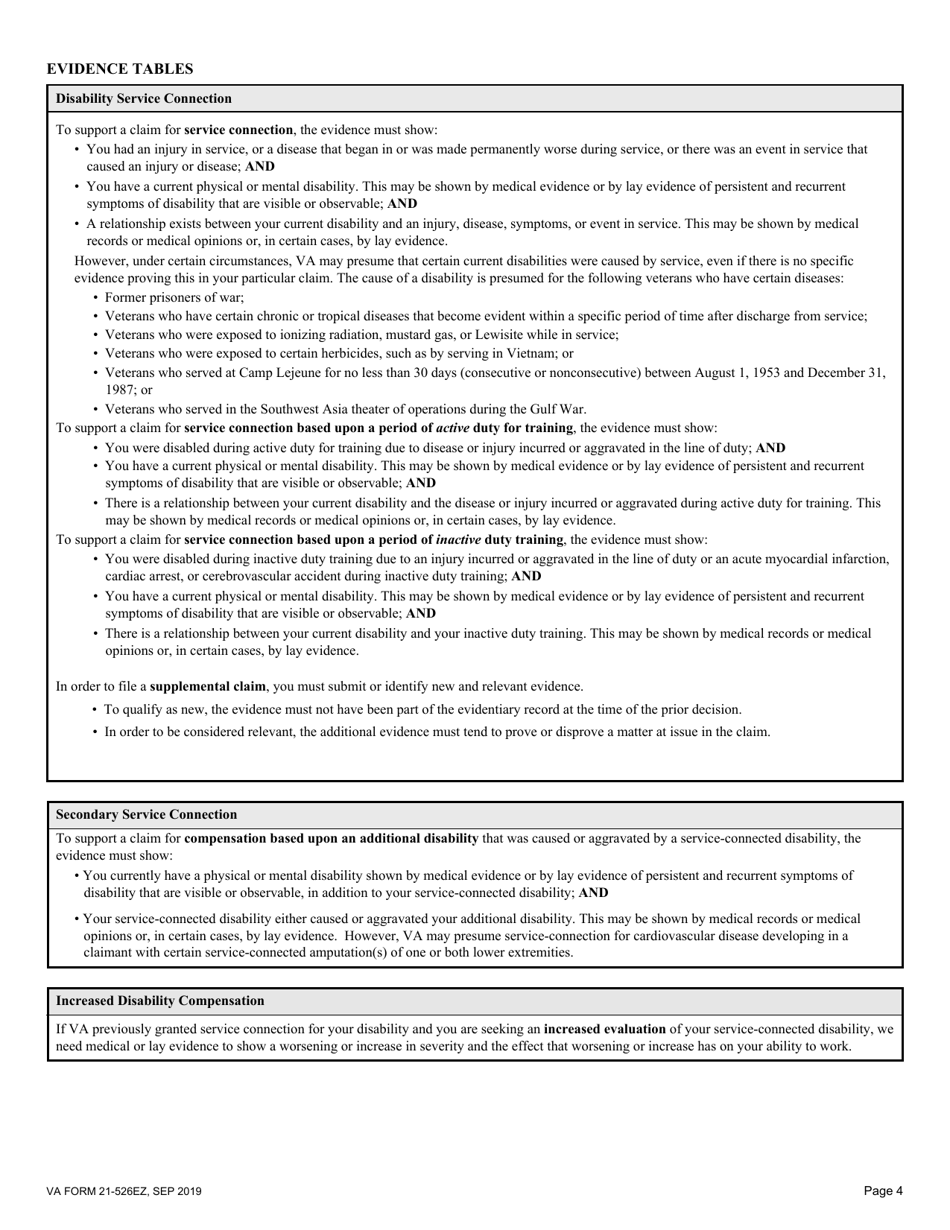 Form 21-526EZ Application for Disability Compensation and Related Compensation Benefits, Page 4