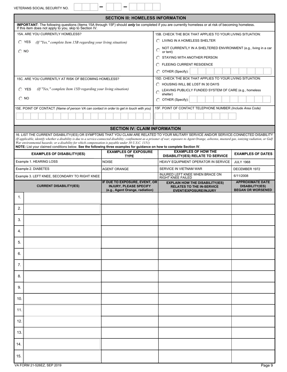 Form 21-526EZ Application for Disability Compensation and Related Compensation Benefits, Page 9