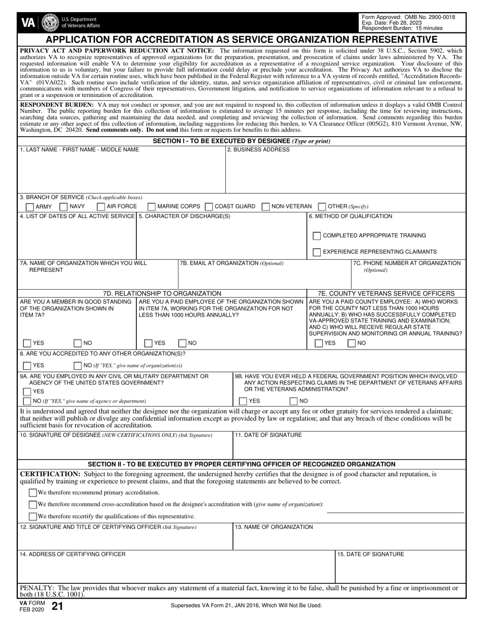 VA Form 21 Application for Accreditation as Service Organization Representative, Page 1