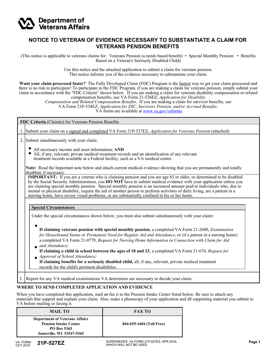 Form 21P-527EZ Download Fillable PDF or Fill Online Application for  Veterans Pension | Templateroller
