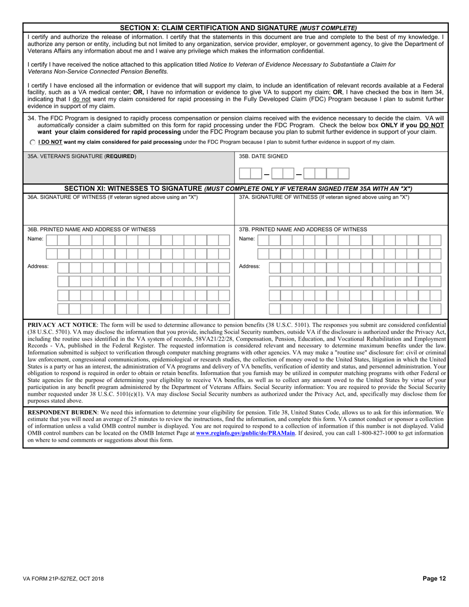 Form 21P-527EZ Application for Veterans Pension, Page 12