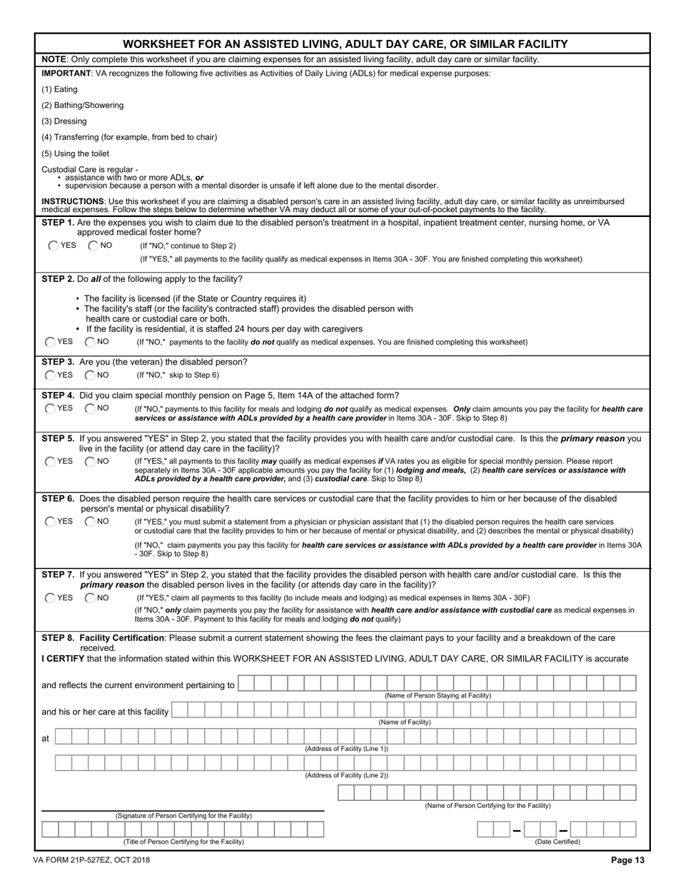 Form 21P-527EZ Application for Veterans Pension, Page 13