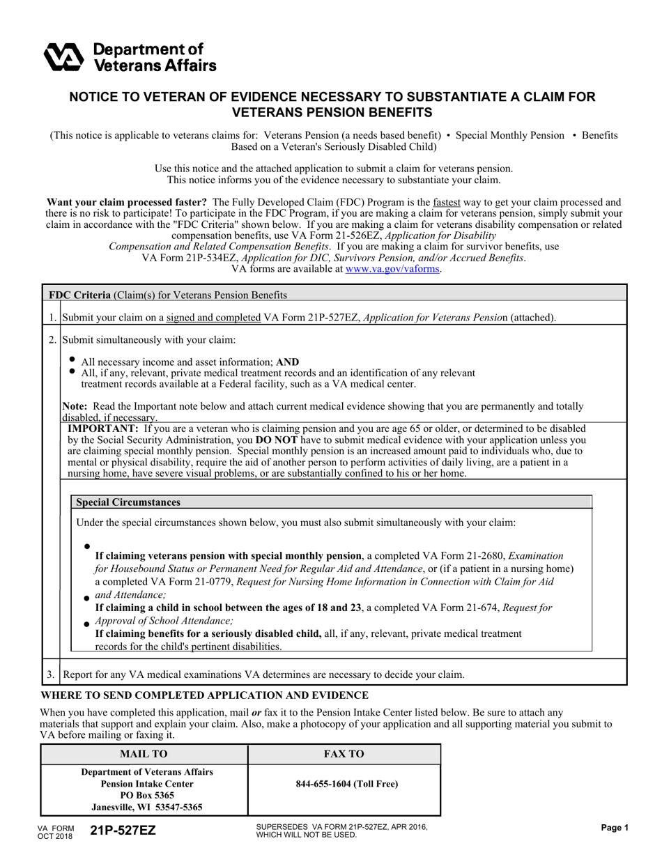 Form 21P-527EZ Application for Veterans Pension, Page 1