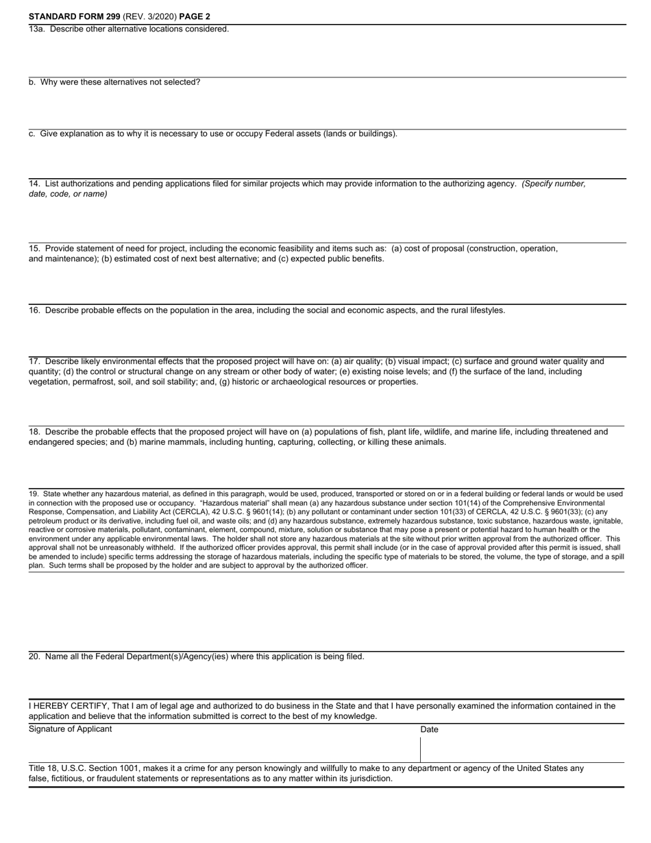 Form SF-299 Application for Transportation, Utility Systems, Telecommunications and Facilities on Federal Lands and Property, Page 2