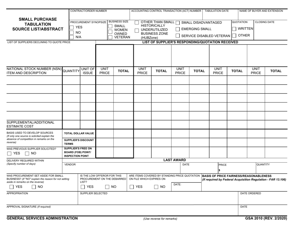 GSA Form 2010 Small Purchase Tabulation Source List / Abstract, Page 1