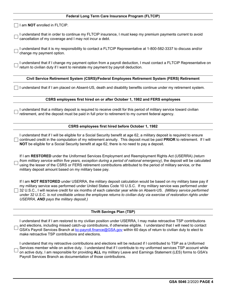GSA Form 5046 Civilian Employees Entering Extended Active Duty Checklist, Page 4