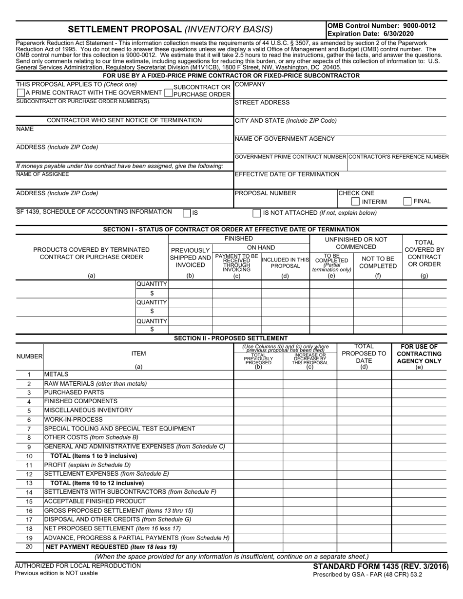 Form SF-1435 Settlement Proposal (Inventory Basis), Page 1