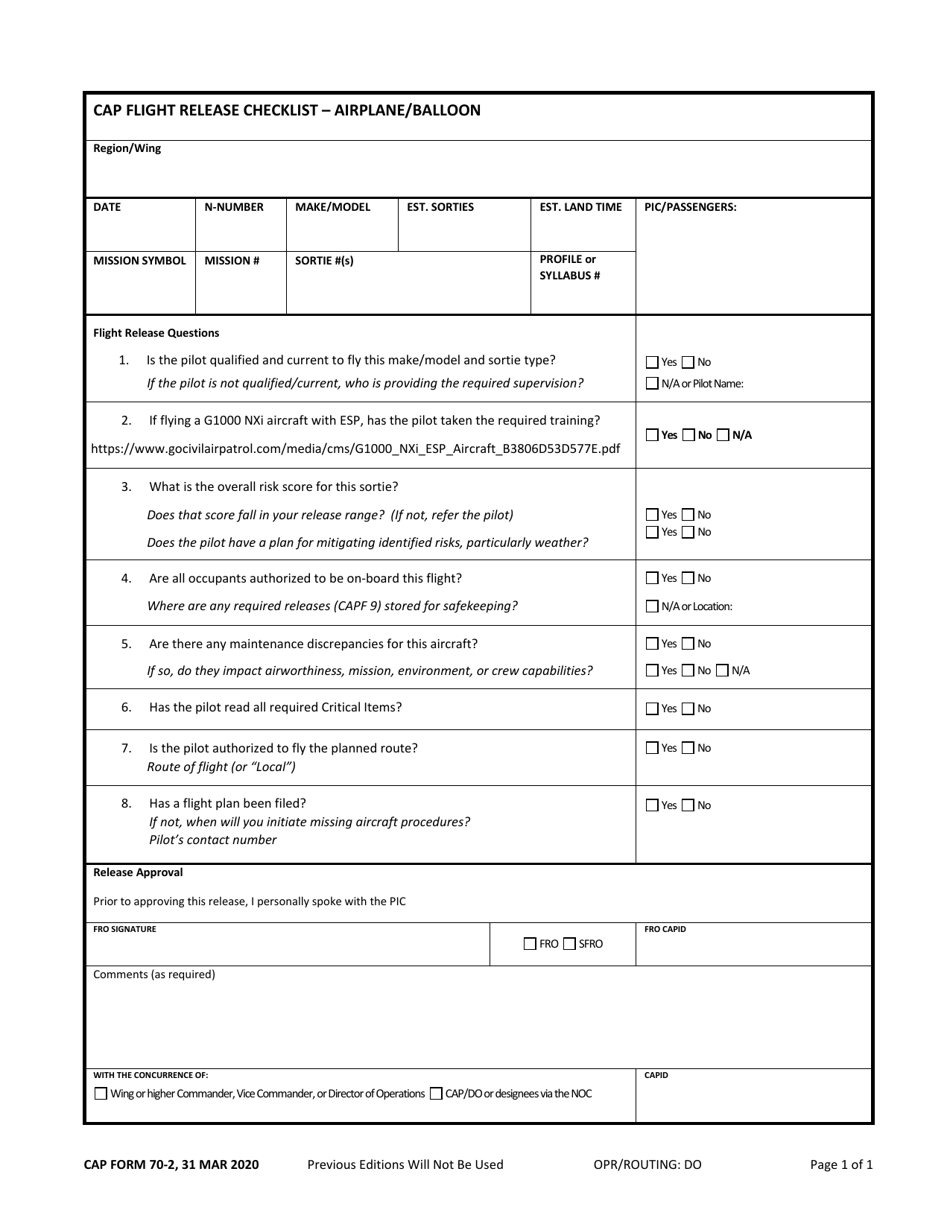 CAP Form 70-2 CAP Flight Release Checklist - Airplane / Balloon, Page 1
