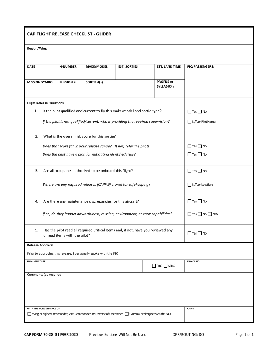 CAP Form 70-2G CAP Flight Release Checklist - Glider, Page 1
