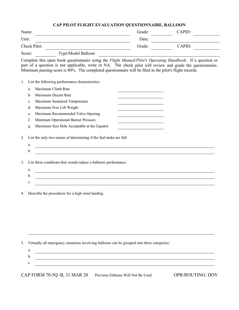 CAP Form 70-5Q-B Pilot Flight Evaluation Questionnaire, Balloon, Page 1