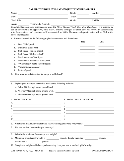 CAP Form 70-5Q-G Pilot Flight Evaluation, Questionnaire, Glider